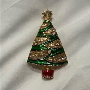 Christmas Tree Enameled Brooch Green Gold Pin Christopher Radko Vtg